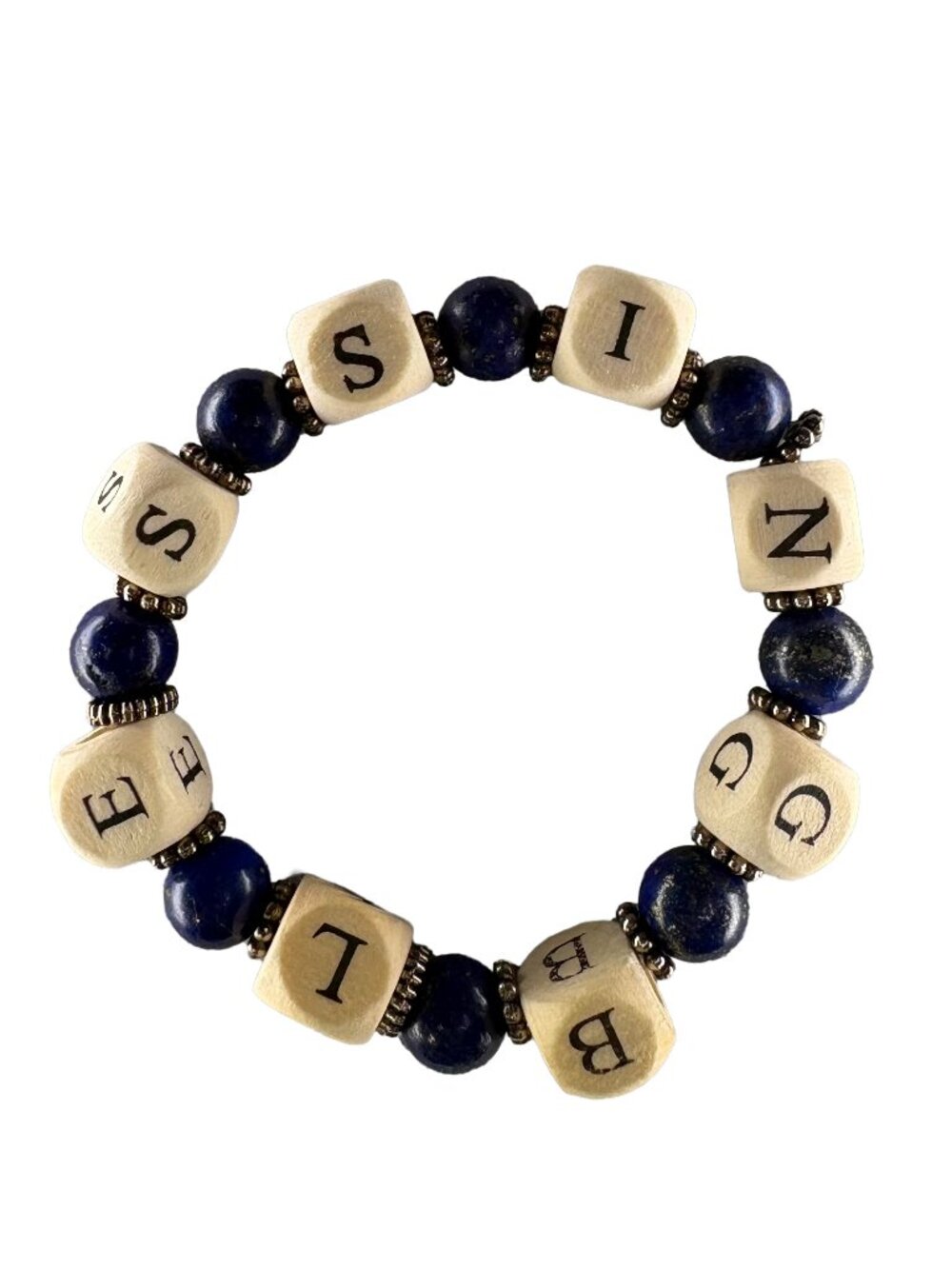 Custom Name Bracelet Personalized Wood Letter Block Natural Lapis Lazuli Gem